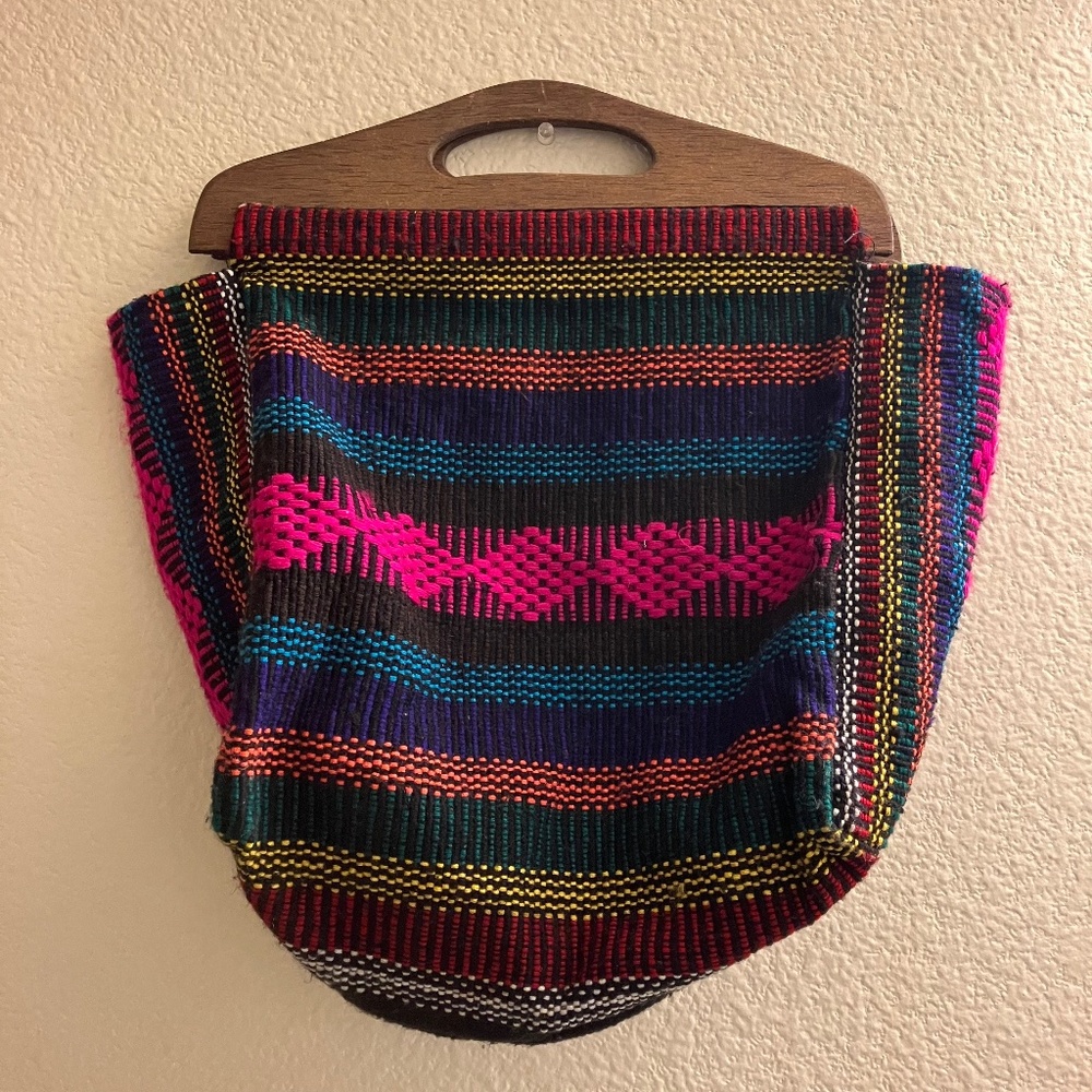 Multicolored Woven handbag with wooden handles